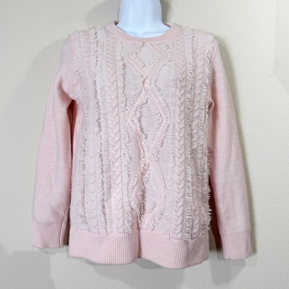 j.crew | pink cable knit fringe 100% merino wool crewneck sweater women's sz S